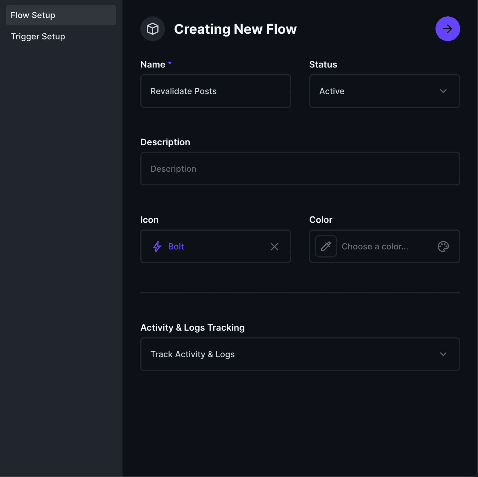 Flujos de Directus, panel de configuración de un flujo nuevo