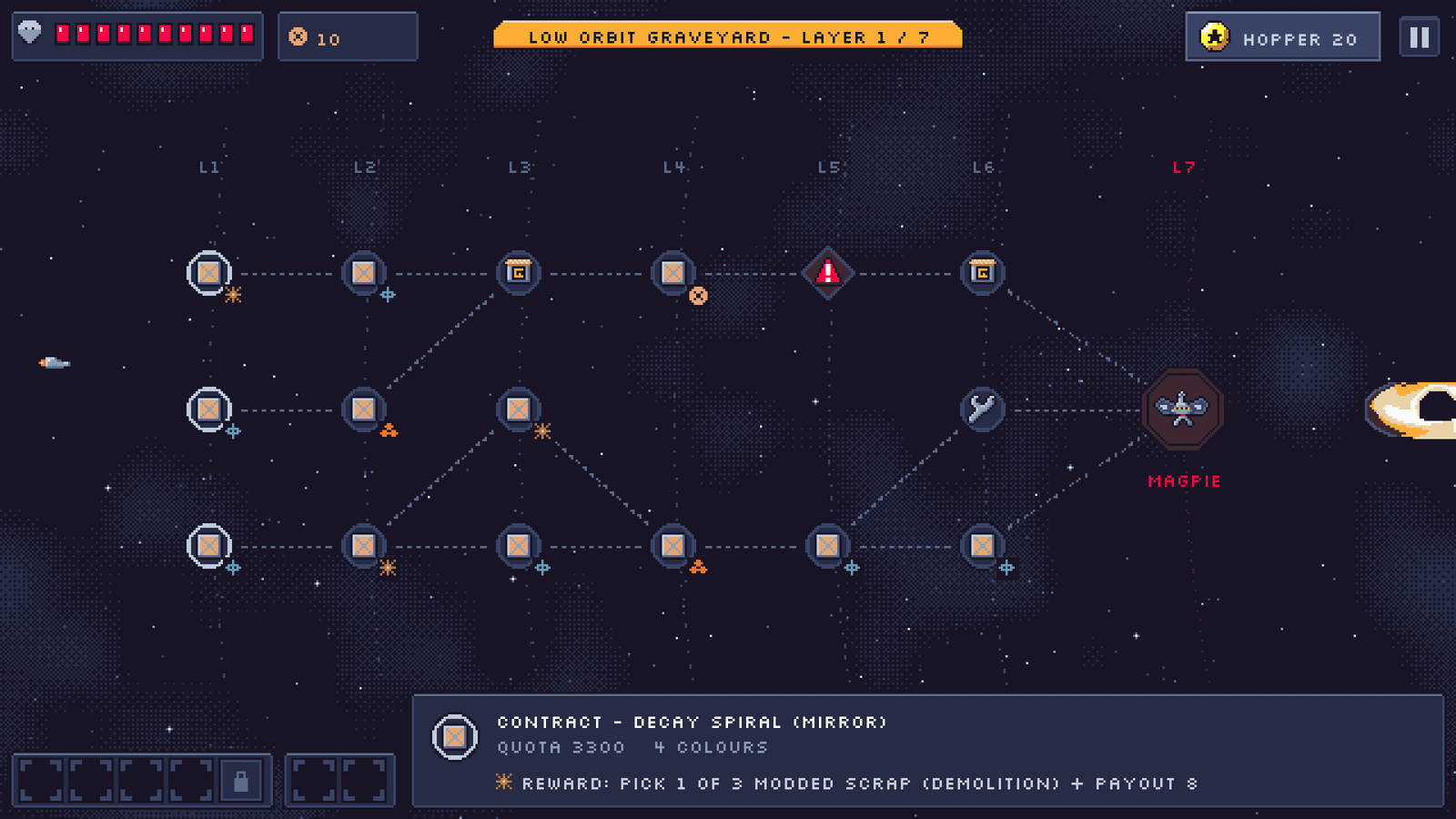 The sector map: each run picks a path toward the Magpie.