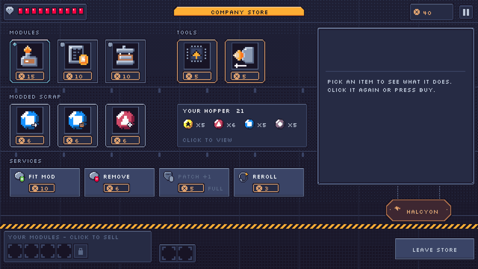 The Company Store, where you spend Scrip on Modules, Mods and Tools.