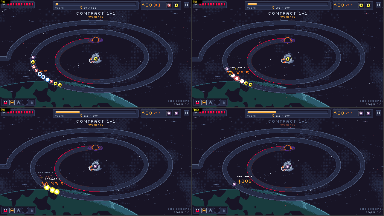 A chain reaction frame by frame: hit-stop, shake and score pops from the motion spec.