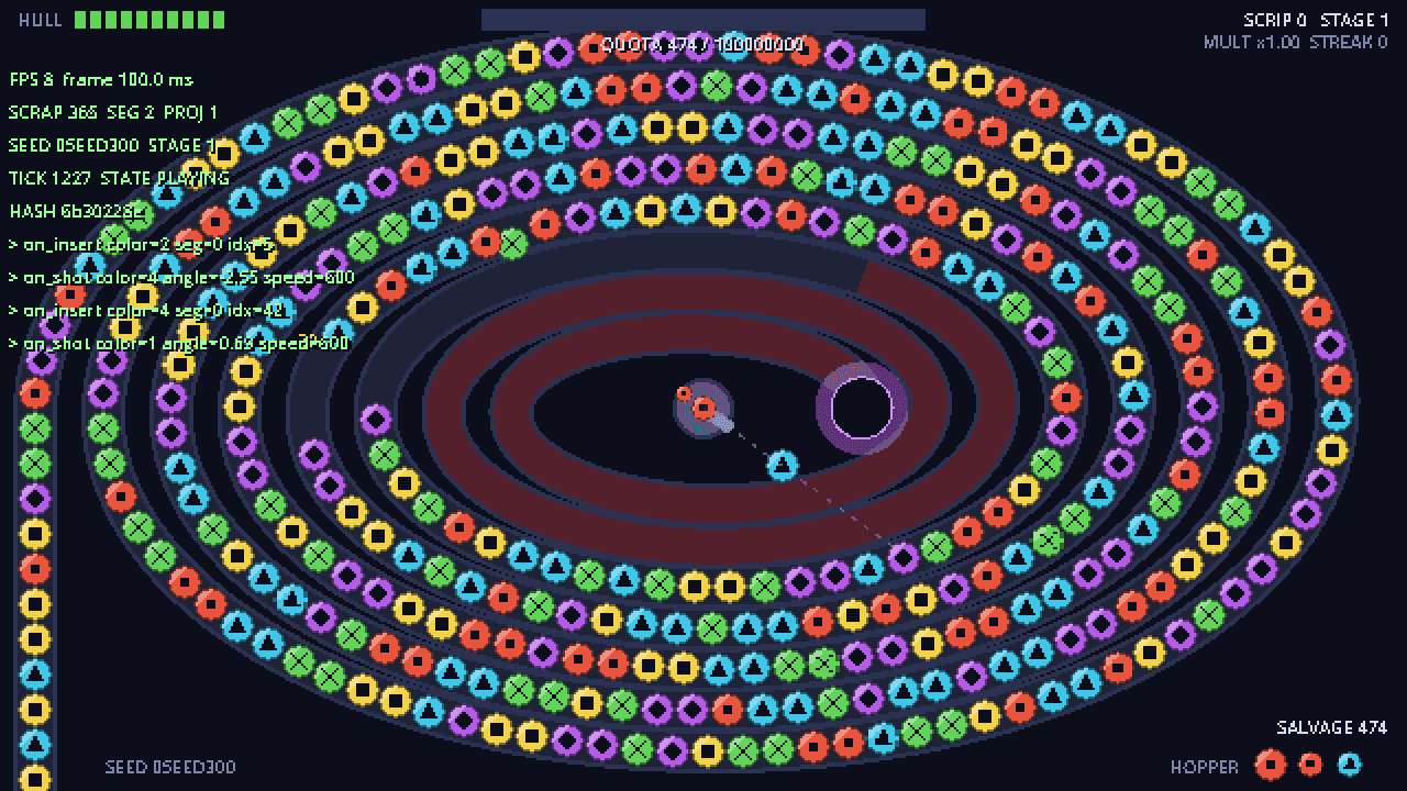 The 300-scrap stress test used to measure performance in the web build.